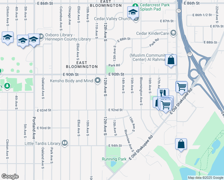 map of restaurants, bars, coffee shops, grocery stores, and more near 9031 13th Avenue South in Bloomington