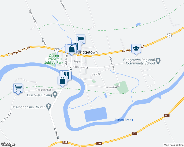 map of restaurants, bars, coffee shops, grocery stores, and more near 12 Park Street in Bridgetown