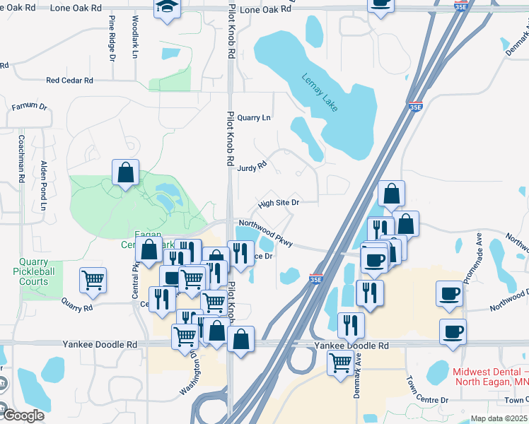 map of restaurants, bars, coffee shops, grocery stores, and more near 1364 High Site Drive in Eagan