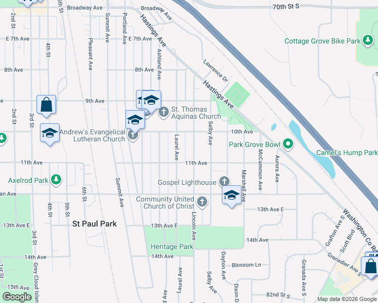 map of restaurants, bars, coffee shops, grocery stores, and more near 1020 Laurel Avenue in Saint Paul Park