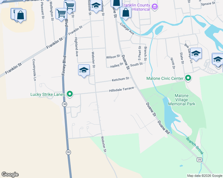 map of restaurants, bars, coffee shops, grocery stores, and more near 23 Hillsdale Terrace in Malone