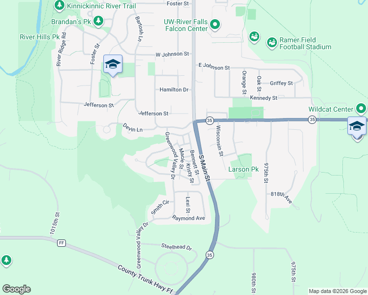 map of restaurants, bars, coffee shops, grocery stores, and more near 1736 Bennett Street in River Falls