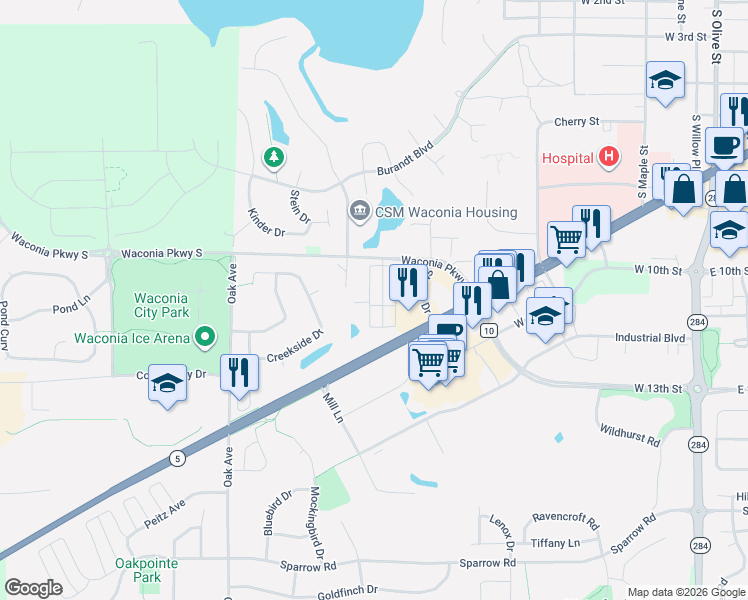map of restaurants, bars, coffee shops, grocery stores, and more near 1103 Primrose Lane in Waconia