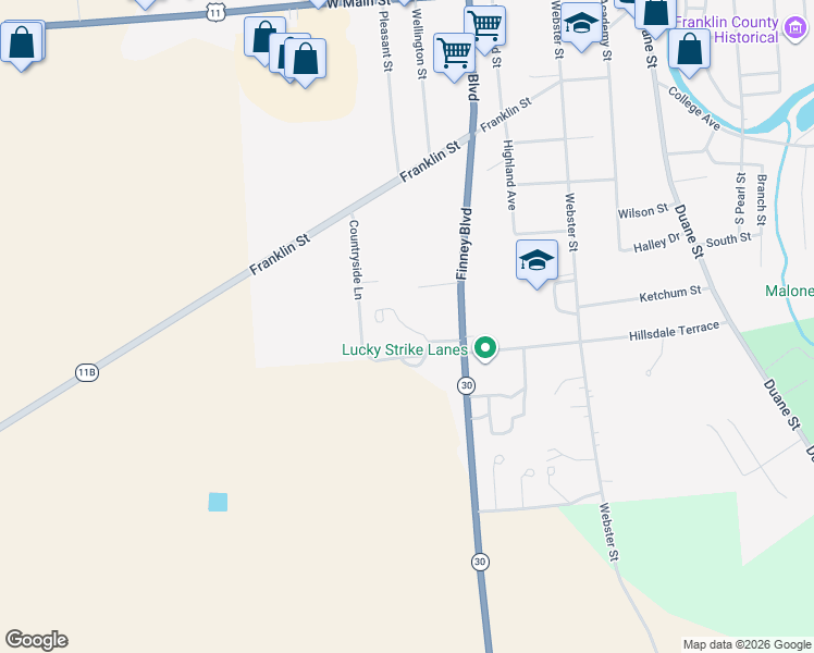 map of restaurants, bars, coffee shops, grocery stores, and more near Lesperance Lane in Malone
