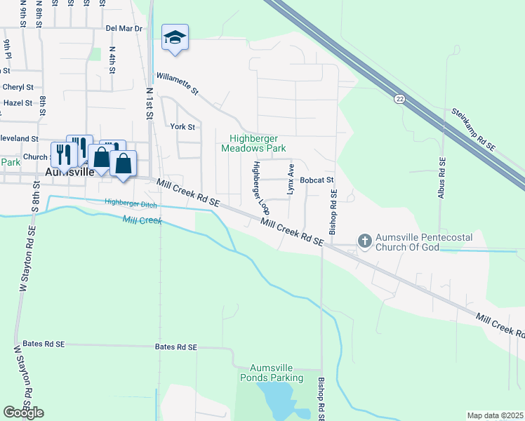 map of restaurants, bars, coffee shops, grocery stores, and more near 905 Highberger Loop in Aumsville
