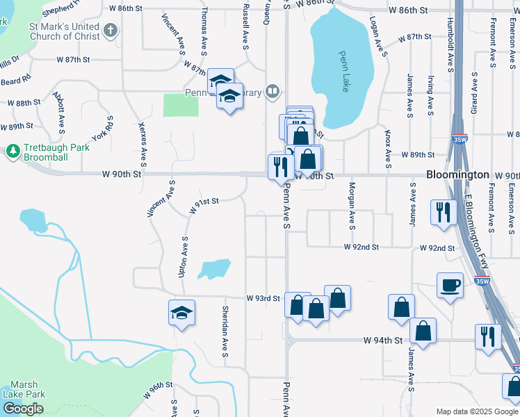 map of restaurants, bars, coffee shops, grocery stores, and more near 2400 West 91st Street in Minneapolis