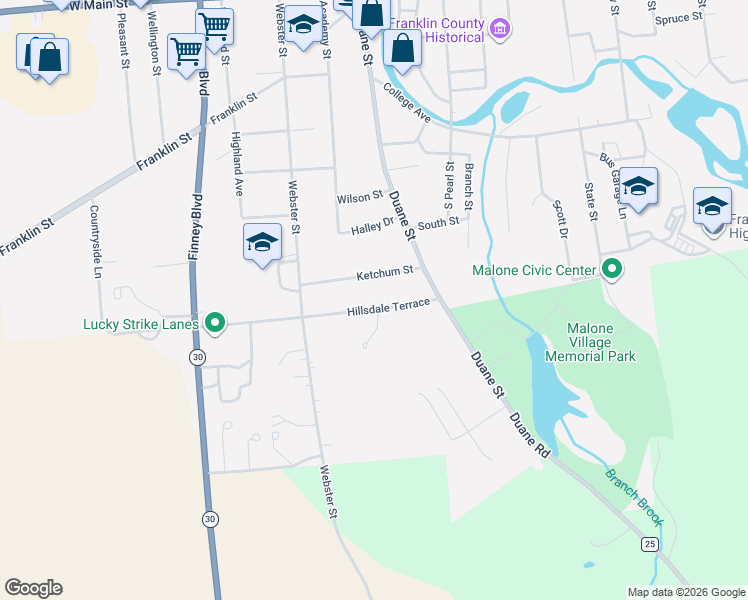 map of restaurants, bars, coffee shops, grocery stores, and more near 23 Hillsdale Terrace in Malone
