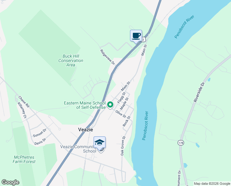 map of restaurants, bars, coffee shops, grocery stores, and more near 1044 Main Street in Veazie