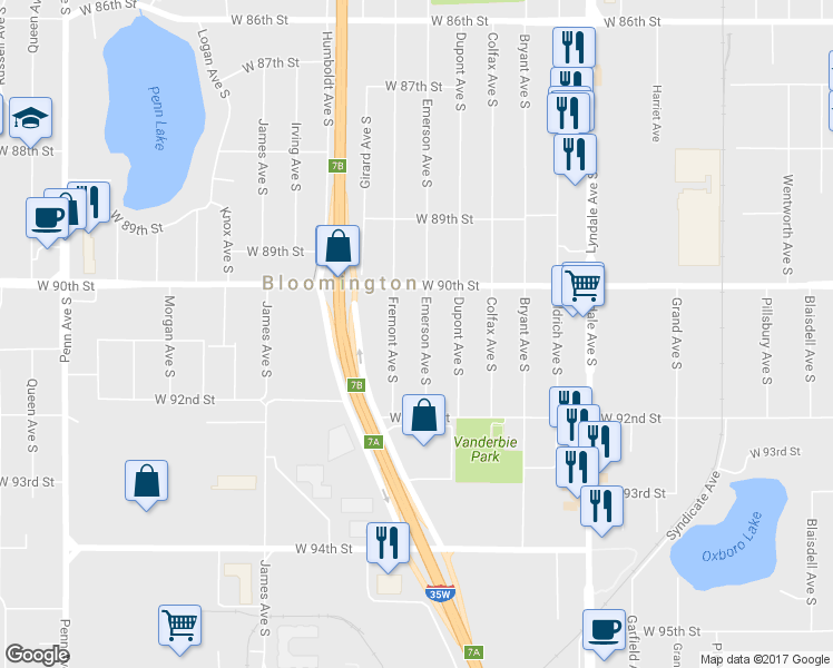 map of restaurants, bars, coffee shops, grocery stores, and more near 9030 Emerson Avenue South in Minneapolis