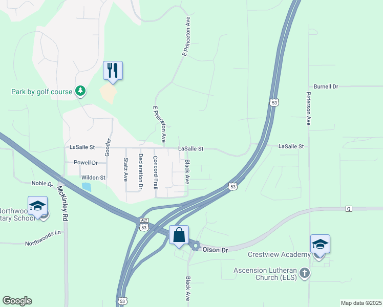 map of restaurants, bars, coffee shops, grocery stores, and more near 2119 Black Avenue in Eau Claire