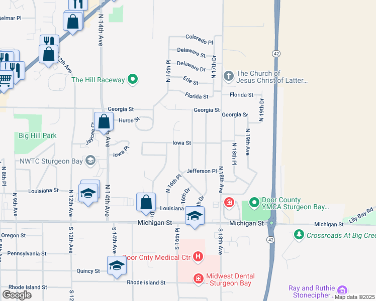 map of restaurants, bars, coffee shops, grocery stores, and more near 345 North 16th Drive in Sturgeon Bay