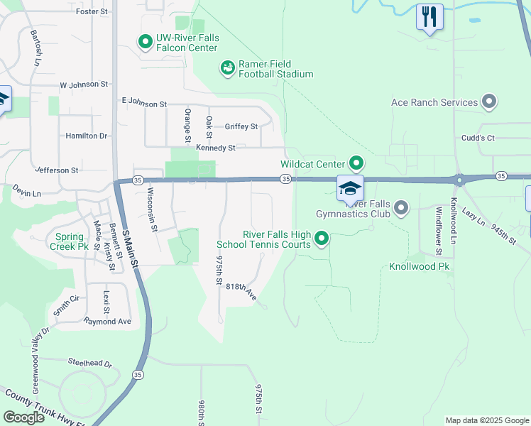 map of restaurants, bars, coffee shops, grocery stores, and more near 1725 Rodao Dr in River Falls
