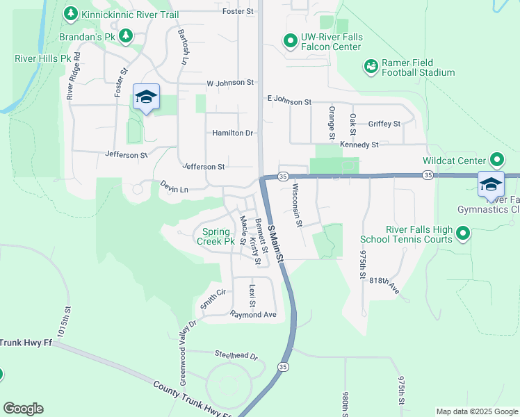 map of restaurants, bars, coffee shops, grocery stores, and more near 1736 Bennett Street in River Falls