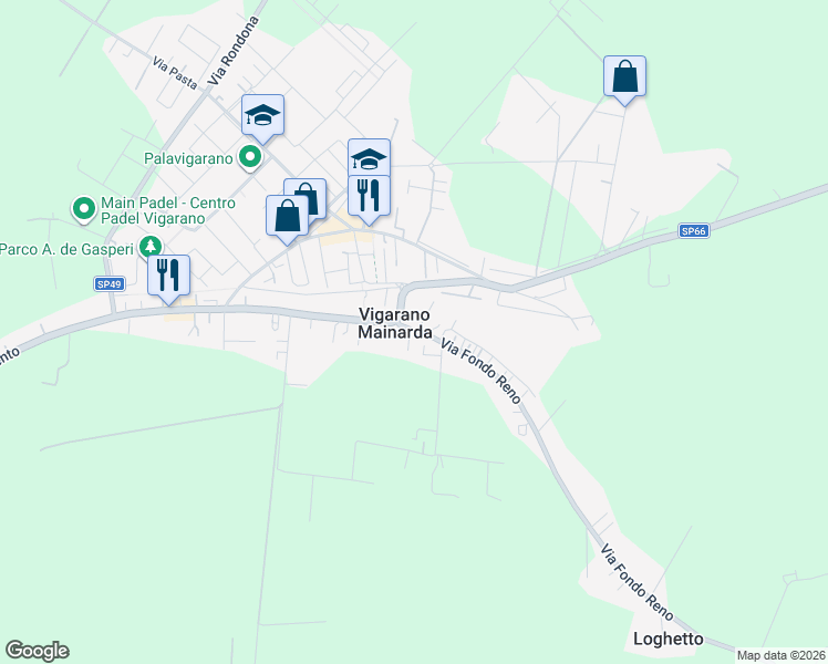 map of restaurants, bars, coffee shops, grocery stores, and more near 11 Via Fondo Reno in Vigarano Mainarda