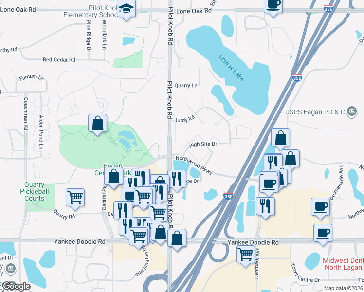 map of restaurants, bars, coffee shops, grocery stores, and more near 1385 High Site Drive in Eagan