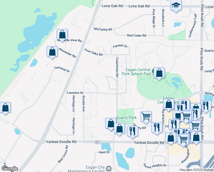 map of restaurants, bars, coffee shops, grocery stores, and more near 3237 Evergreen Drive in Eagan