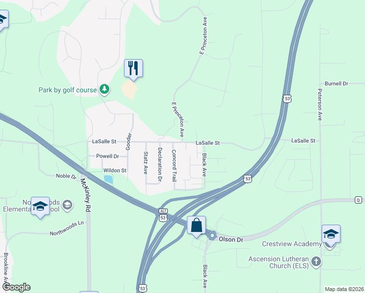 map of restaurants, bars, coffee shops, grocery stores, and more near 2149 La Salle Street in Eau Claire