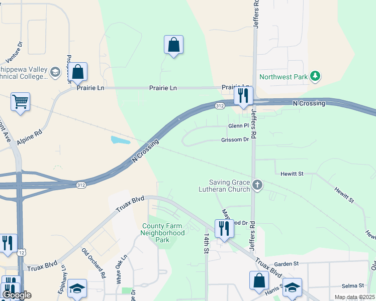 map of restaurants, bars, coffee shops, grocery stores, and more near 1435 Grissom Drive in Eau Claire