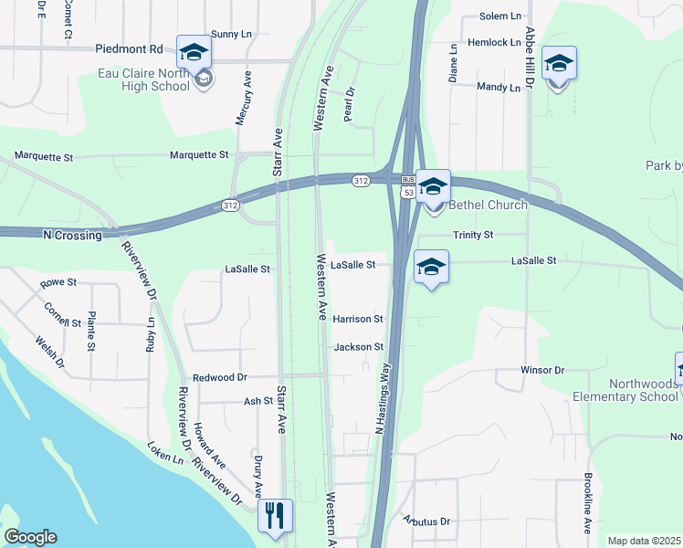 map of restaurants, bars, coffee shops, grocery stores, and more near 2415 La Salle Street in Eau Claire