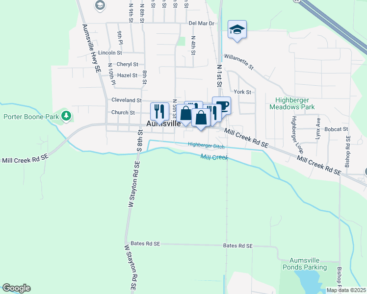 map of restaurants, bars, coffee shops, grocery stores, and more near 201 South 5th Street in Aumsville