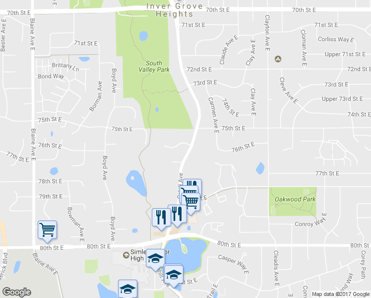 map of restaurants, bars, coffee shops, grocery stores, and more near 7569 Cahill Avenue in Inver Grove Heights