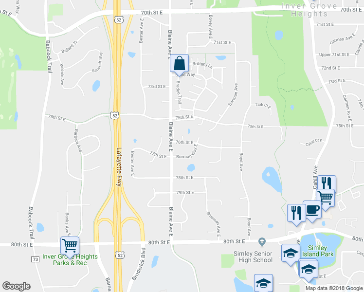 map of restaurants, bars, coffee shops, grocery stores, and more near 2556 76th Street East in Inver Grove Heights