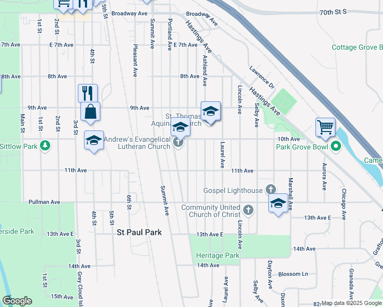 map of restaurants, bars, coffee shops, grocery stores, and more near 1020 Holley Avenue in Saint Paul Park