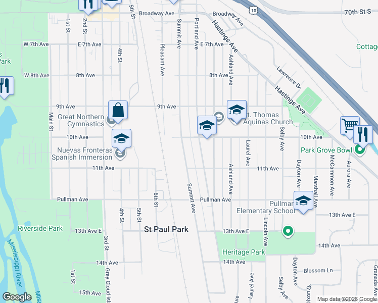 map of restaurants, bars, coffee shops, grocery stores, and more near 1020 Summit Avenue in Saint Paul Park