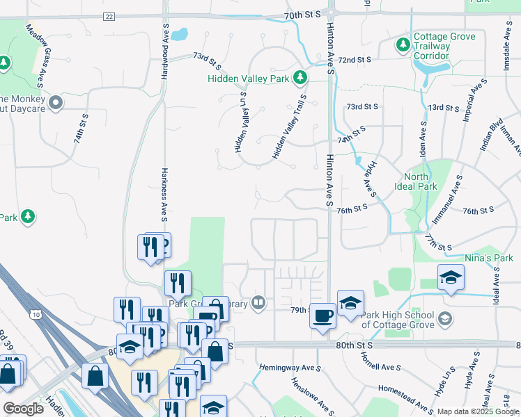 map of restaurants, bars, coffee shops, grocery stores, and more near 7532 Hinton Park Avenue South in Cottage Grove
