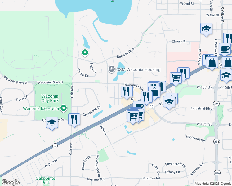 map of restaurants, bars, coffee shops, grocery stores, and more near 1103 Primrose Lane in Waconia