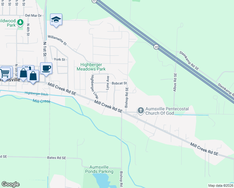 map of restaurants, bars, coffee shops, grocery stores, and more near 987 Highberger Loop in Aumsville