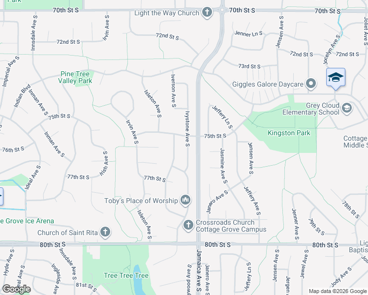 map of restaurants, bars, coffee shops, grocery stores, and more near 7558 Ivystone Avenue South in Cottage Grove