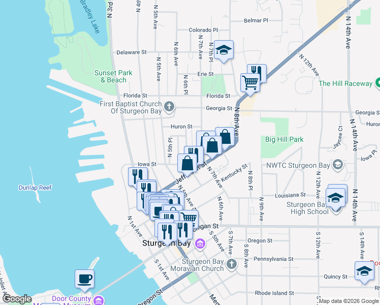 map of restaurants, bars, coffee shops, grocery stores, and more near 426 North 6th Avenue in Sturgeon Bay