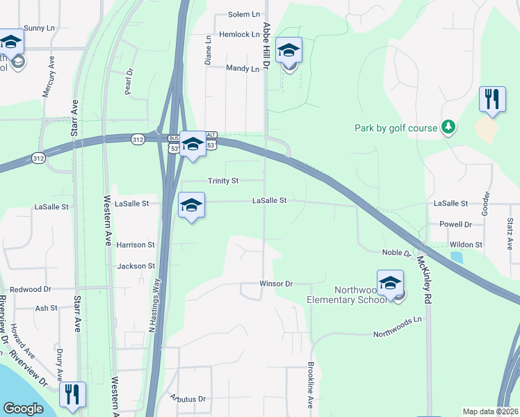map of restaurants, bars, coffee shops, grocery stores, and more near 2921 La Salle Street in Eau Claire