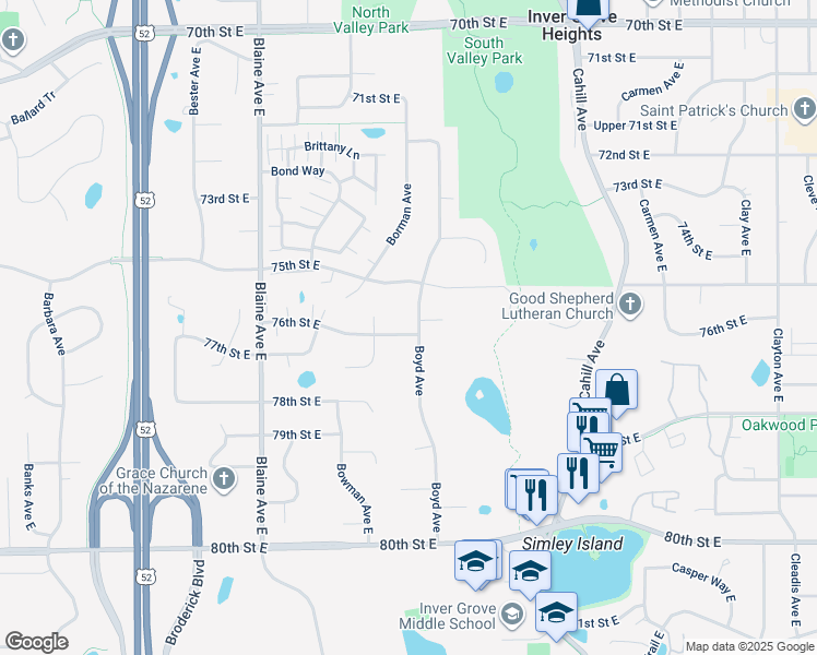 map of restaurants, bars, coffee shops, grocery stores, and more near 2795 76th Street East in Inver Grove Heights