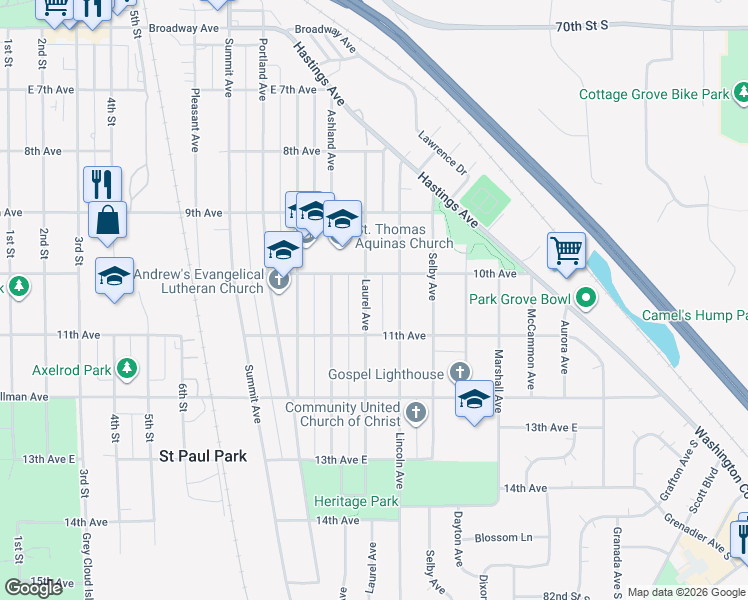 map of restaurants, bars, coffee shops, grocery stores, and more near 1020 Laurel Avenue in Saint Paul Park