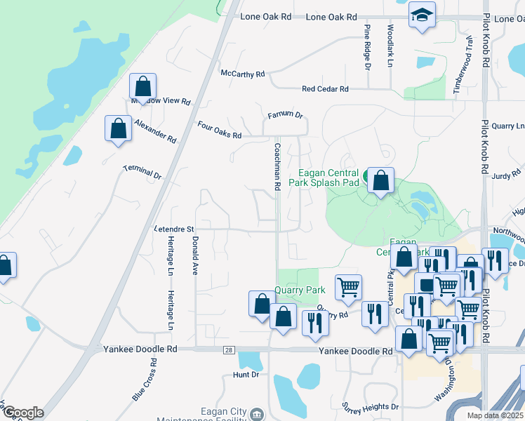 map of restaurants, bars, coffee shops, grocery stores, and more near 3237 Evergreen Drive in Eagan