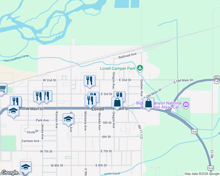 map of restaurants, bars, coffee shops, grocery stores, and more near 252 Oregon Avenue in Lovell