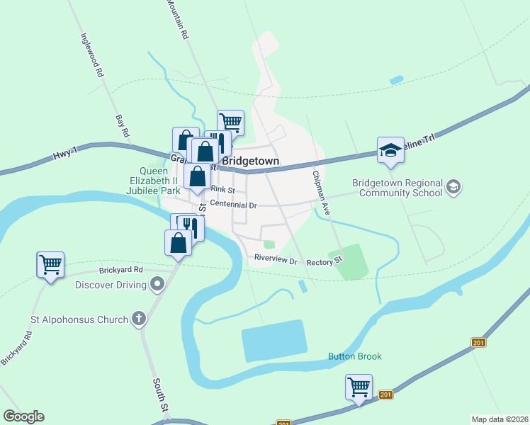 map of restaurants, bars, coffee shops, grocery stores, and more near 77 Centennial Drive in Bridgetown