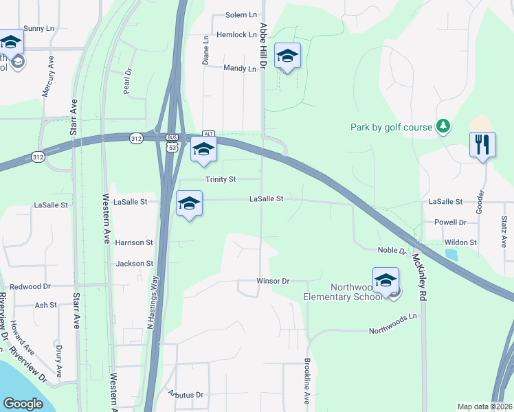 map of restaurants, bars, coffee shops, grocery stores, and more near 2921 La Salle Street in Eau Claire