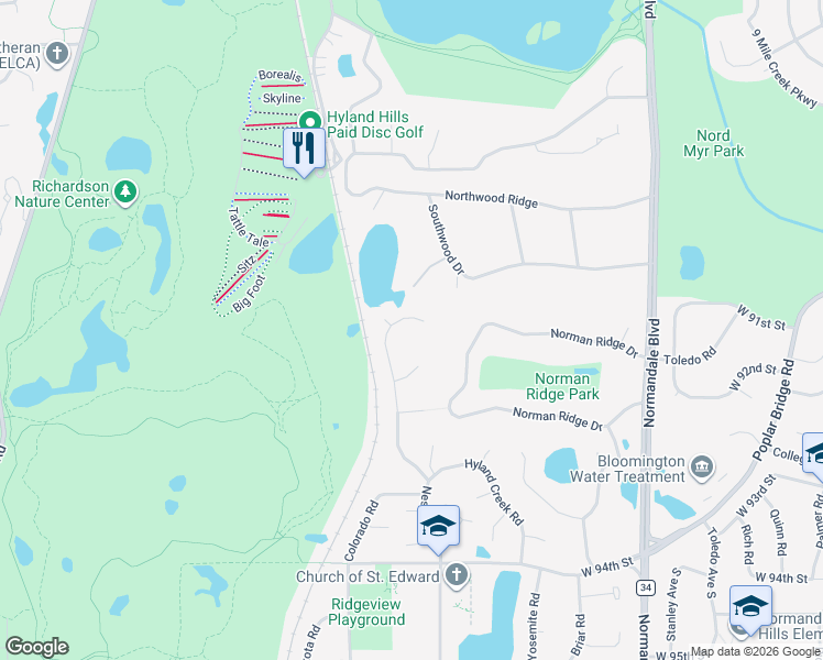 map of restaurants, bars, coffee shops, grocery stores, and more near 9033 Hyland Creek Road in Minneapolis