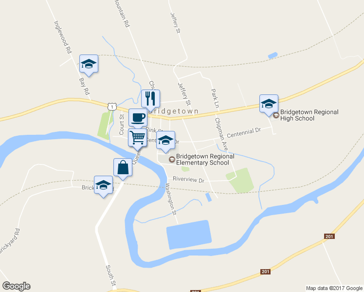 map of restaurants, bars, coffee shops, grocery stores, and more near 77 Centennial Drive in Bridgetown