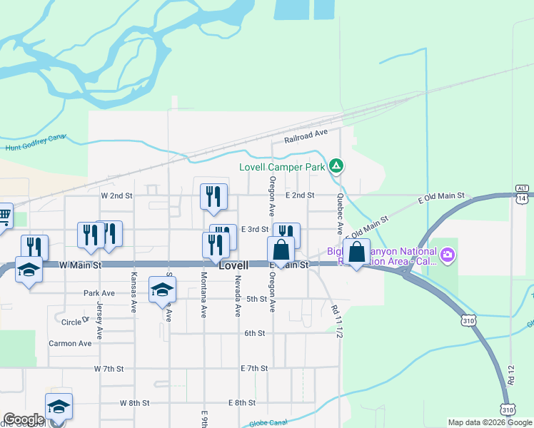 map of restaurants, bars, coffee shops, grocery stores, and more near 252 Oregon Avenue in Lovell