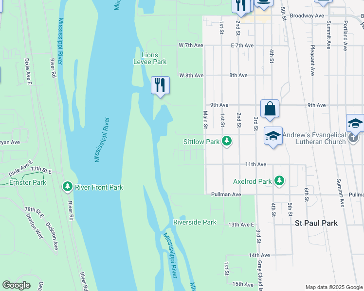 map of restaurants, bars, coffee shops, grocery stores, and more near 125 River Woods Drive West in Saint Paul Park