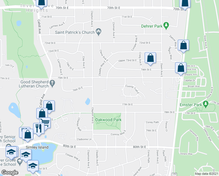 map of restaurants, bars, coffee shops, grocery stores, and more near 3688 Conroy Court in Inver Grove Heights