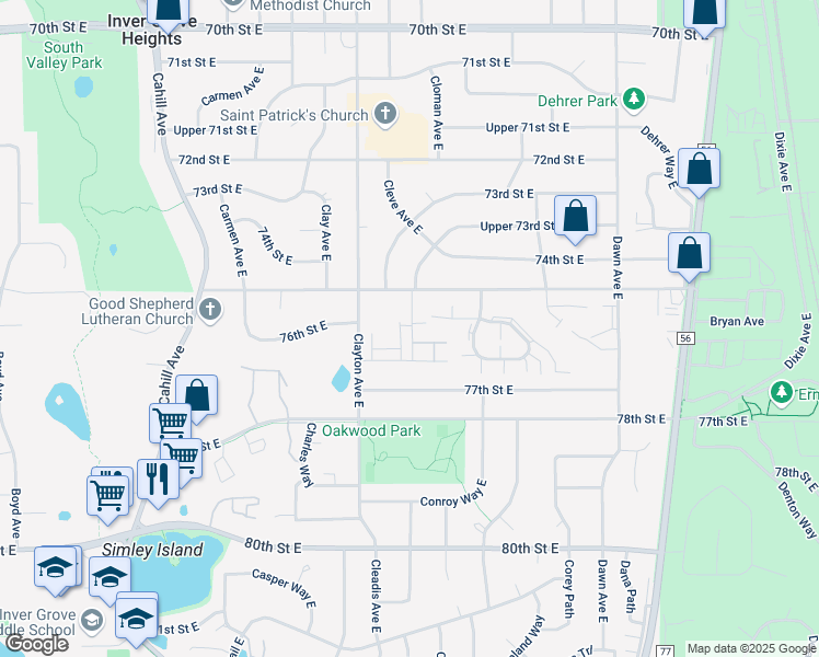 map of restaurants, bars, coffee shops, grocery stores, and more near 7585 Cloman Way East in Inver Grove Heights