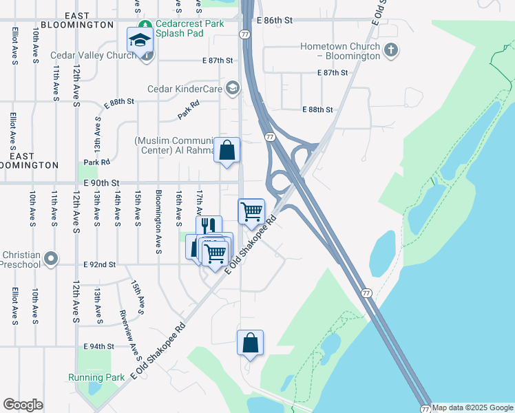 map of restaurants, bars, coffee shops, grocery stores, and more near 9045 Old Cedar Avenue South in Bloomington