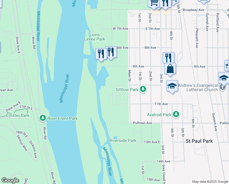 map of restaurants, bars, coffee shops, grocery stores, and more near 125 River Woods Drive West in Saint Paul Park