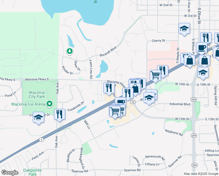 map of restaurants, bars, coffee shops, grocery stores, and more near 900 Strong Dr in Waconia