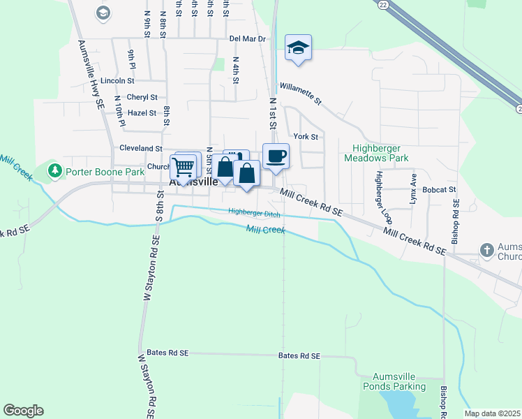map of restaurants, bars, coffee shops, grocery stores, and more near 198 Main Street in Aumsville
